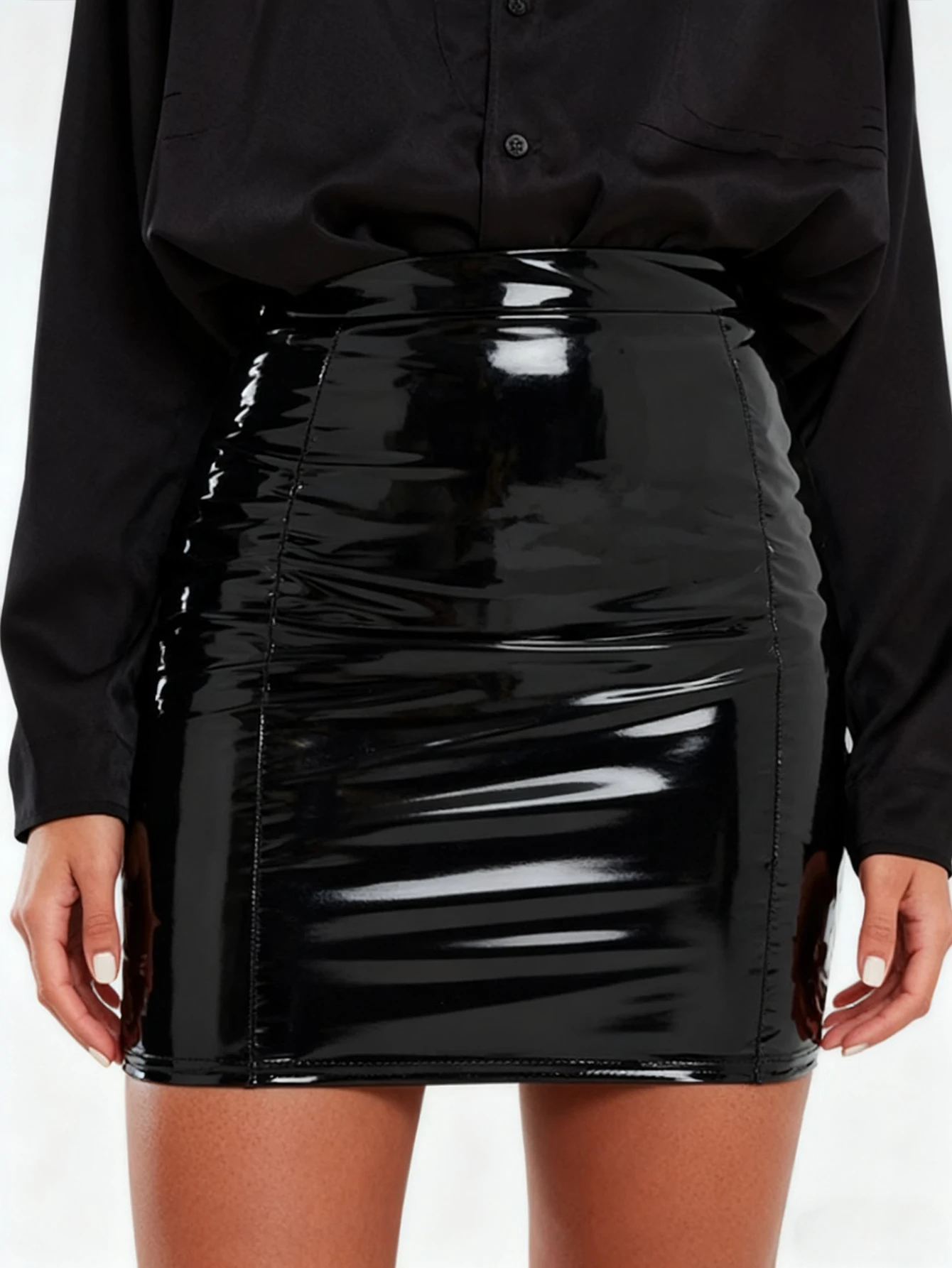 Women's High Waist Black Wet Look Faux Leather Mini Skirt Ruched Stretch Bodycon PU Pencil Skirt Sexy Clubwear Party Summer 2026