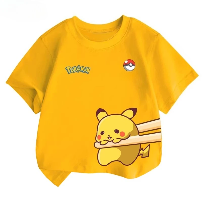 Potdemiel Summer New Pikachu Print Children's Pure Cotton T-Shirt, Boys and Girls, Comfortable and Breathable Children's T-Shirt