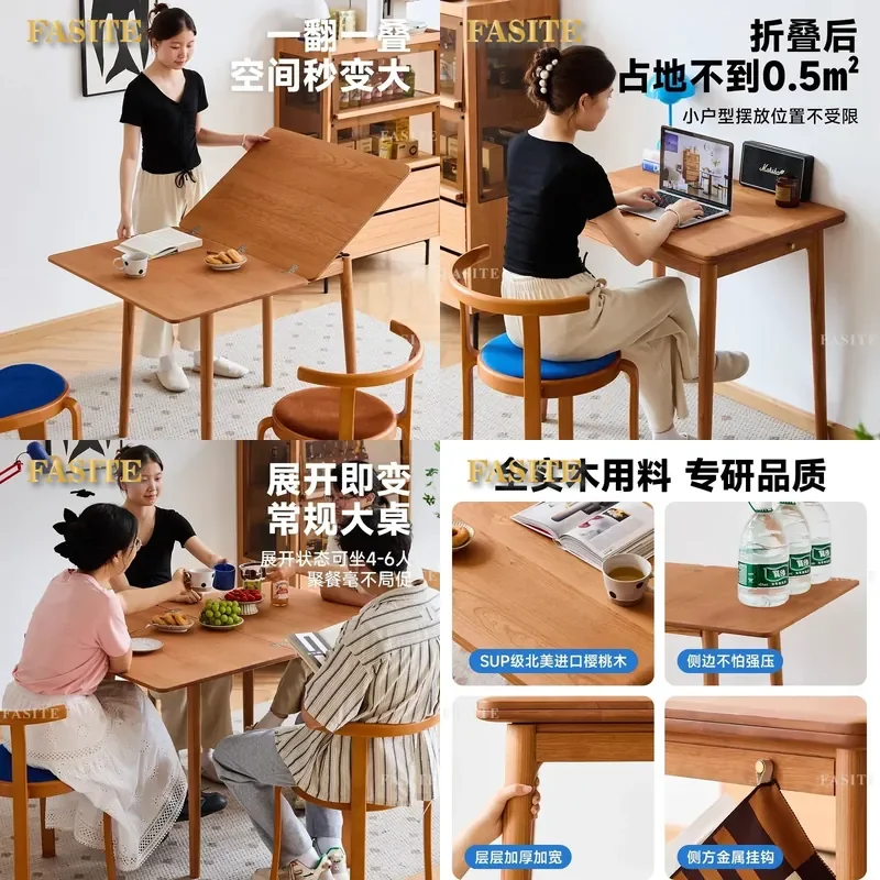 For Solid Wood Folding Dining Table Nordic Style Square Cherry Wood Small Space Japanese Home Furniture Compact Design