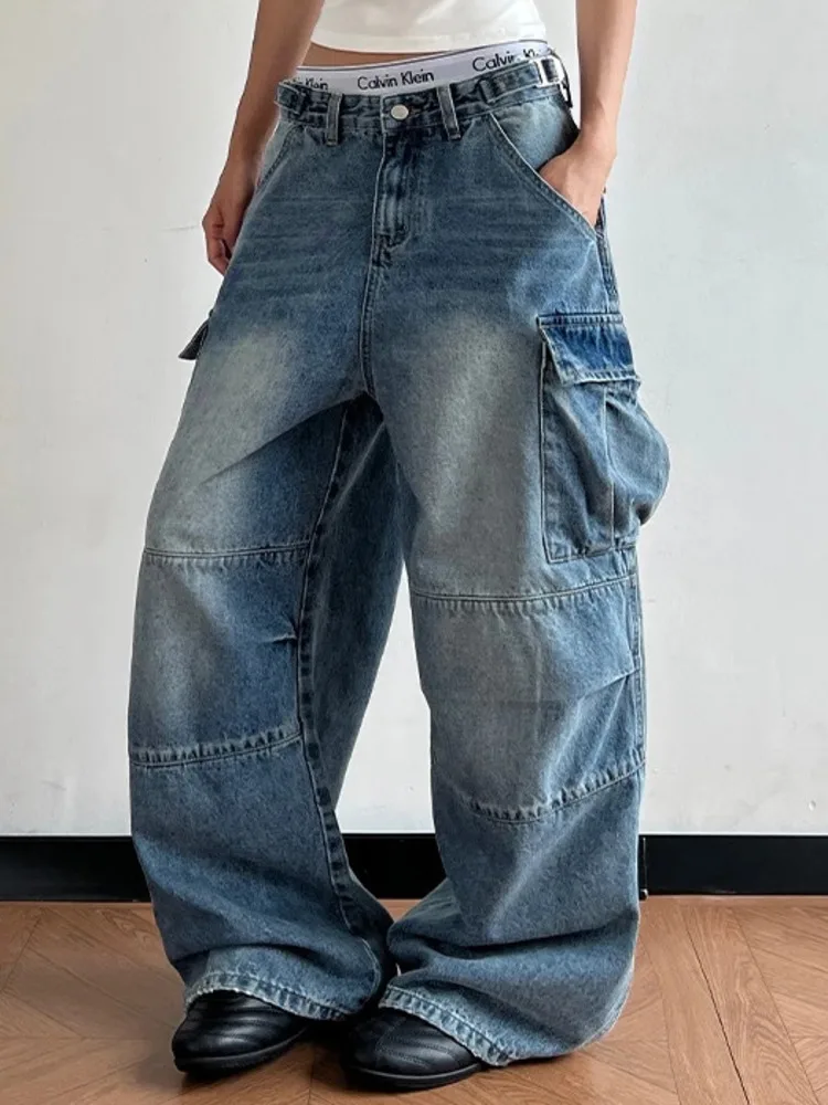 Washed Vintage Men's Cargo Jeans Multi Pocket Wide Leg Baggy Fit Streetwear Casual Premium Denim IYYP