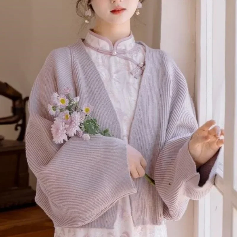 Dzianinowy kardigan damski w stylu chińskim, dekolt w serek, szykowny, delikatny, krótki, jesienno-zimowy płaszcz damski, mniejszościowy, klasyczny