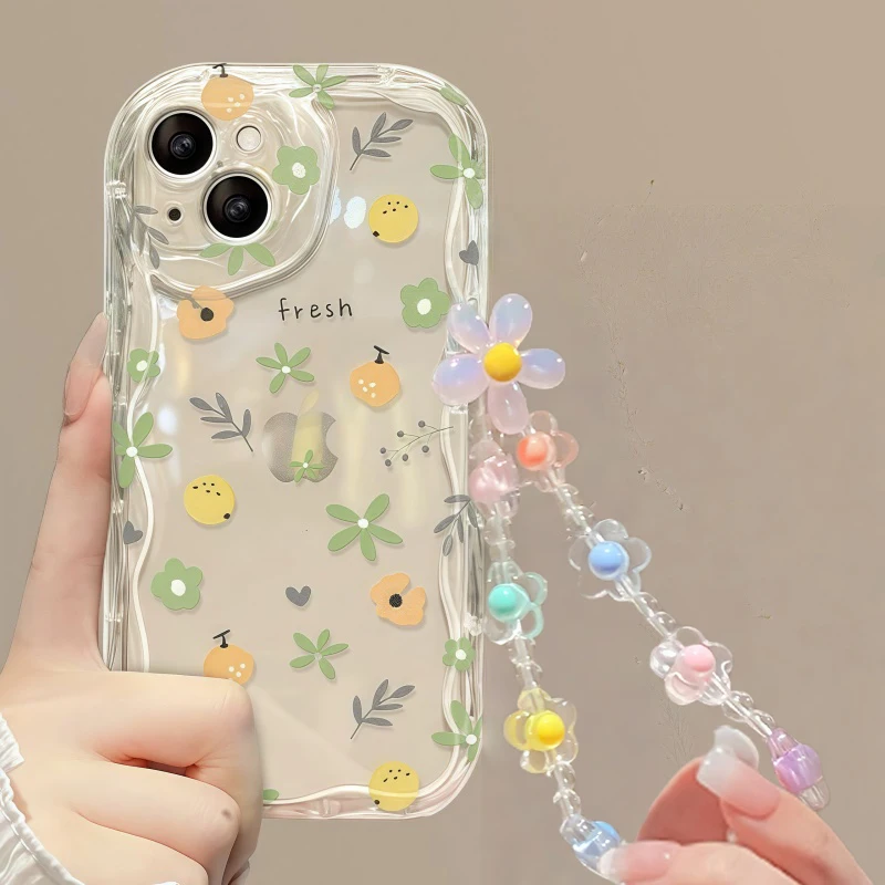 Funda para iPhone 17 16 15 Pro Max 14 11 13 12 Mini Plus 16E 17 Air iPhone17 con correa de muñeca con flor y pulsera 4