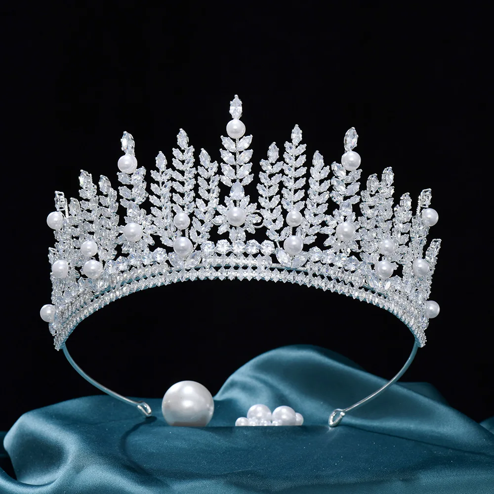 Cubic Zirconia Royal Queen Crowns Tiaras Women Jewelry Sliver Crystal Pearls Bridal Pageant Diadem Wedding European Headpieces