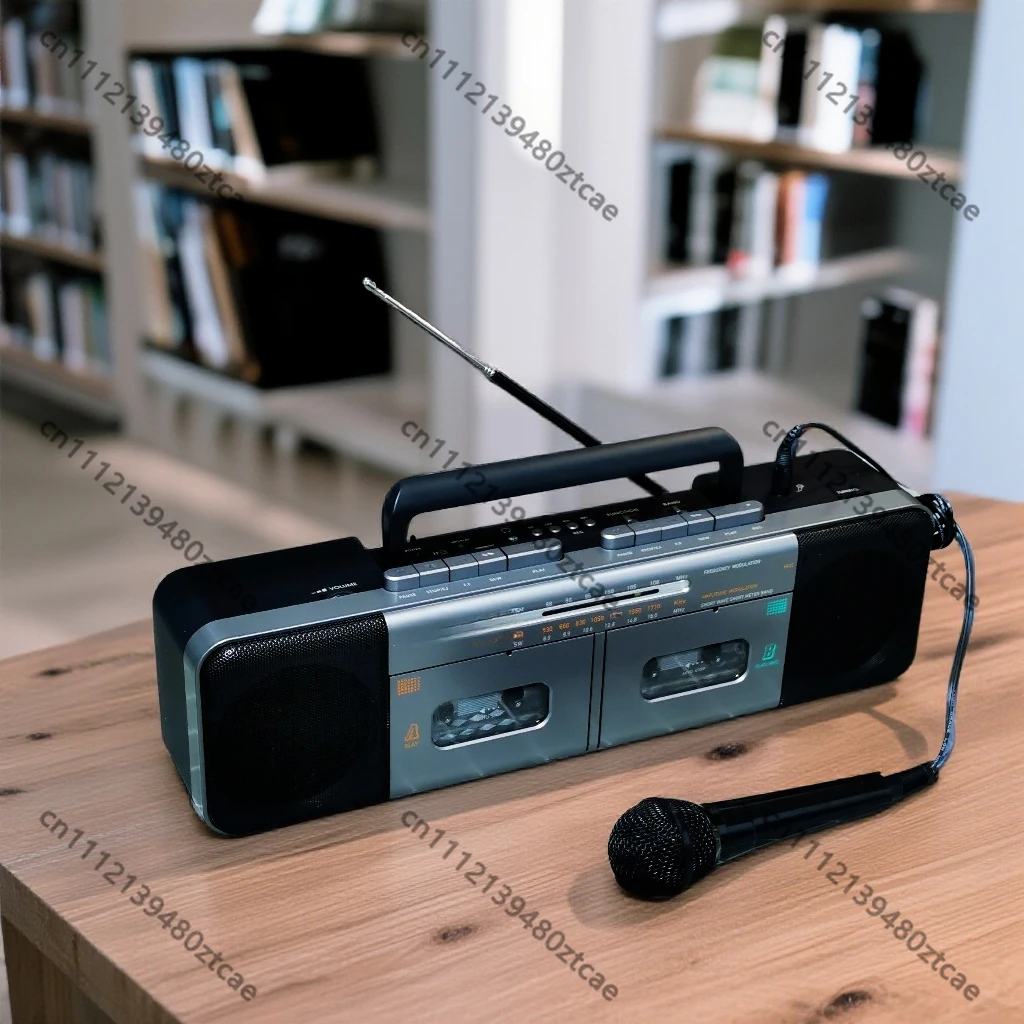 Stereo Dual Cassette Radio Bluetooth Speaker Mic Karaoke Function Rechargeable Tape Player