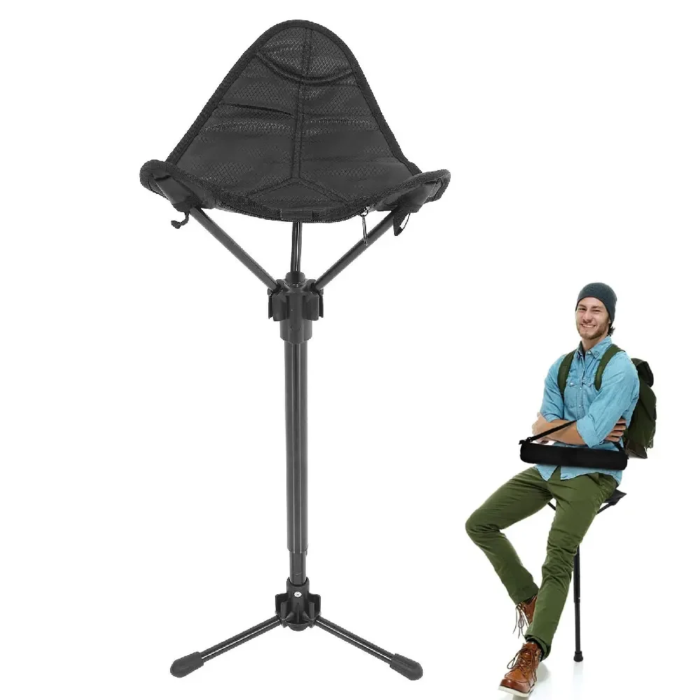 Outdoor Folding Tripod Stool, Ergonomic Breathable Seat with Adjustable Telescoping Pole, Compact Portable Chair Fishing Hiking