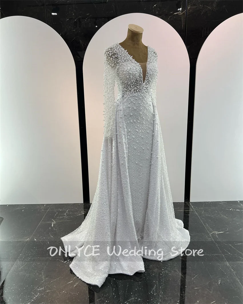 Exquisite Mermaid Wedding Dress 2024 Long Sleeves Princess Crystal Pearls Beading Robe De Mariee Bridal Gown