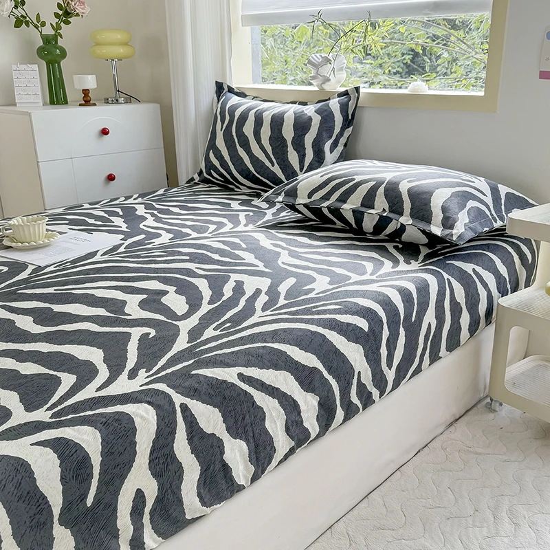 Bed Sheet with Elastic Band Zebra Stripes Printed Fitted Bed Sheet Queen Size Bed Sheets Sets High Quality Single Sheets for Bed