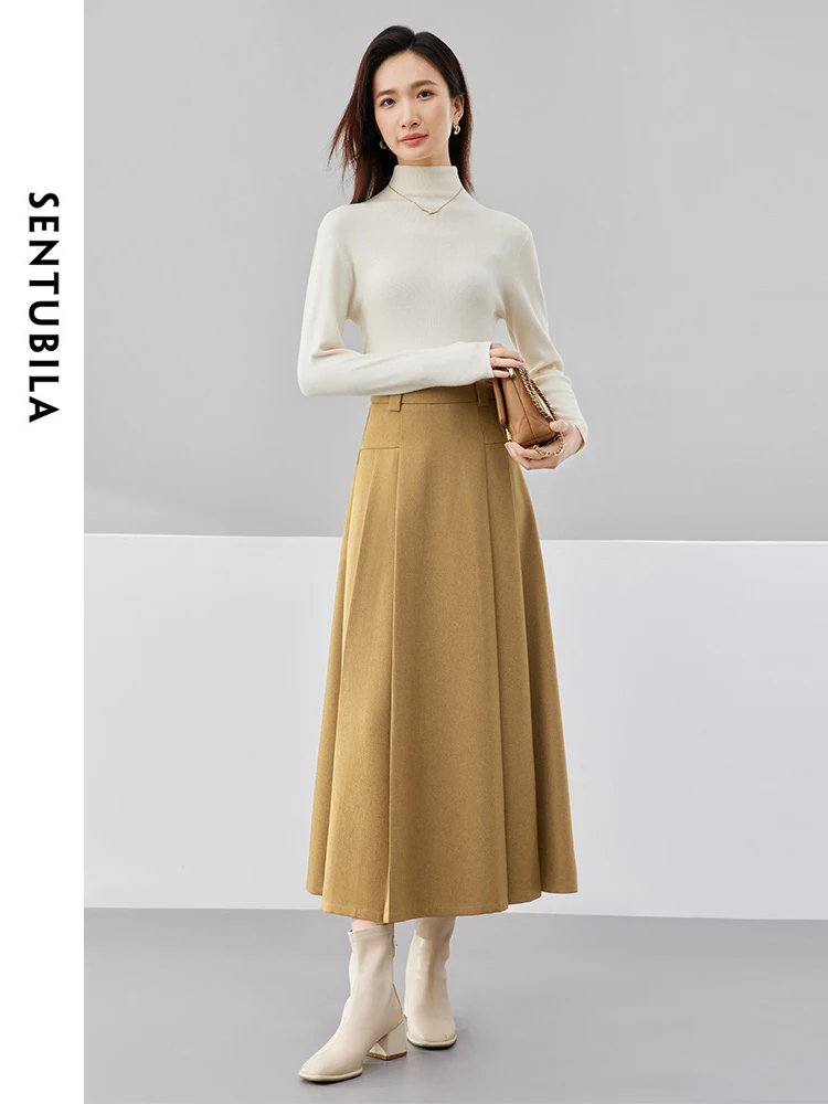 

SENTUBILA Casual Pleated Skirt for Women 2025 Autumn Elegant Fashion High Waist Long A-line Skirt Womans Clothing 141Q52759