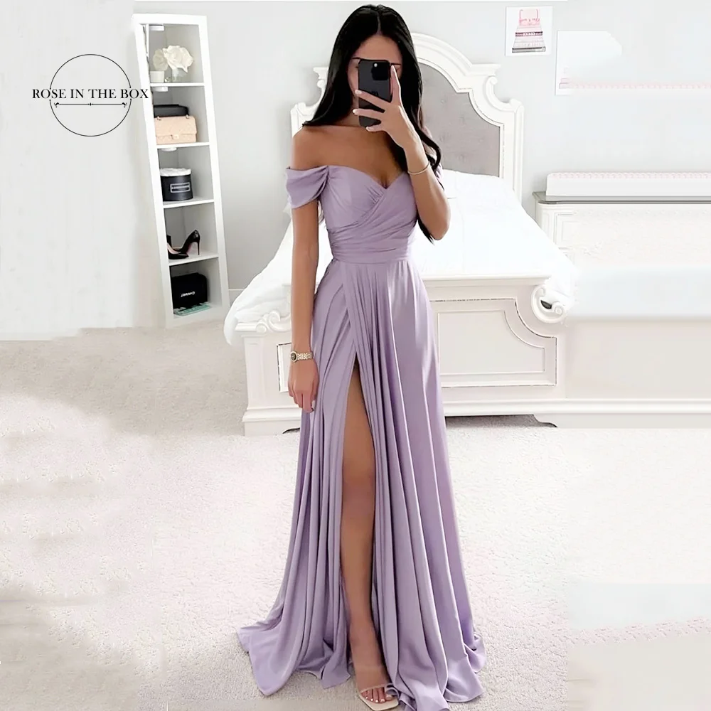 Women\'s Off The Shoulder Satin Bridesmaid Dresses for Wedding Long Pleated Formal Evening Party Gowns Elegant Slit Maxi Dress