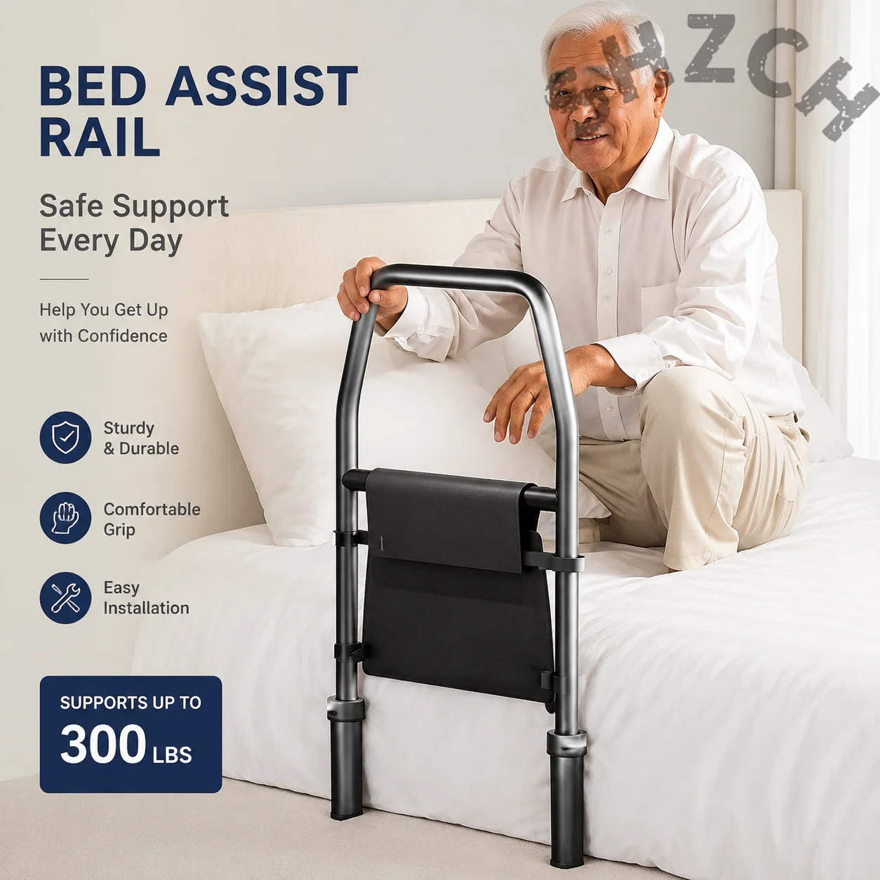 Adjustable Telescopic Bedside Handrail for Seniors and Pregnant Users – 3-Height Carbon Steel Safety Rail