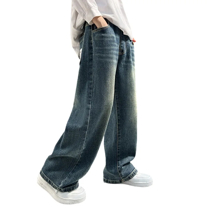 Boys Jeans Spring and Autumn New Teenage Children\'s Casual Retro Loose Straight Leg Wide-leg Pants Kids Handsome Pants
