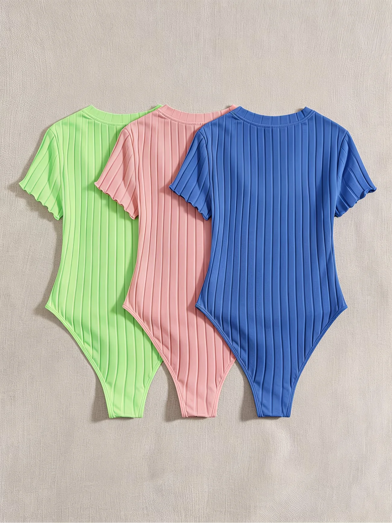 Women 3-Pack Ribbed Knit Bodysuits V Neck Frill Short Sleeve Skinny Stretch Thong Bodysuit Y2K Daily Streetwear Outfit