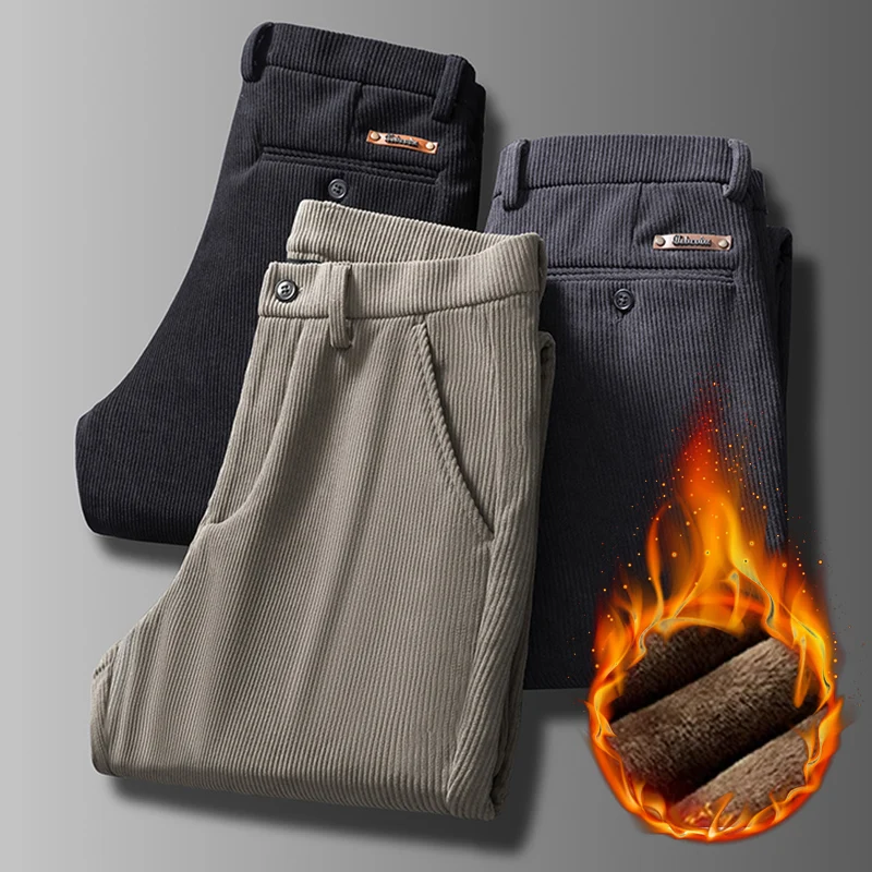 

Брендовые зимние мужские вельветовые брюки из термофлиса цвета хаки, черные, серые, со средней посадкой, толстые эластичные синельные деловые повседневные теплые брюки