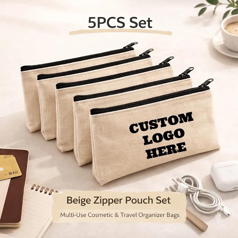 Custom Logo 5PCS Canvas Zipper Pouch Makeup Bag Pencil Case for Cosmetic DIY Crafts Multi-Purpose Travel Toiletry Storage Bag