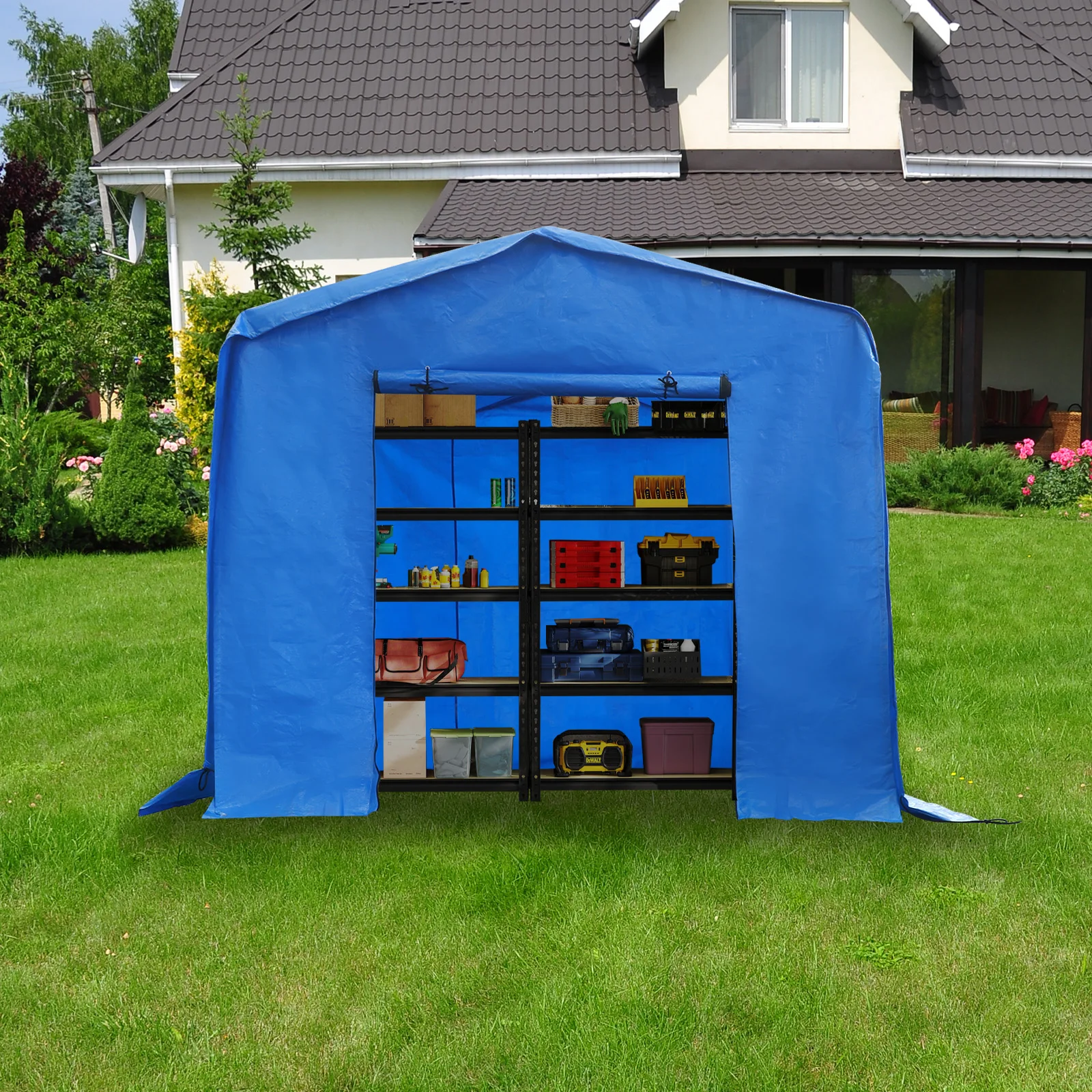 Storage Shed Carport - 8*8*8 Feet, Metal Frame, Waterproof Fabric, 4.92x5.58ft Entrance Store Lawn Mowers, Tractors, Snowmobiles, All-Terrain Vehicles, Gardening Tools, Etc. It Is Suitable for Outdoor Use Such as Backyards.
