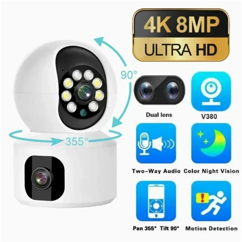 8MP 4K WiFi Camera Dual Screen Smart Home Secuiry Cameras Baby Monitor AP Two-way Audio Color Night Vision CCTV Surveillance Cam