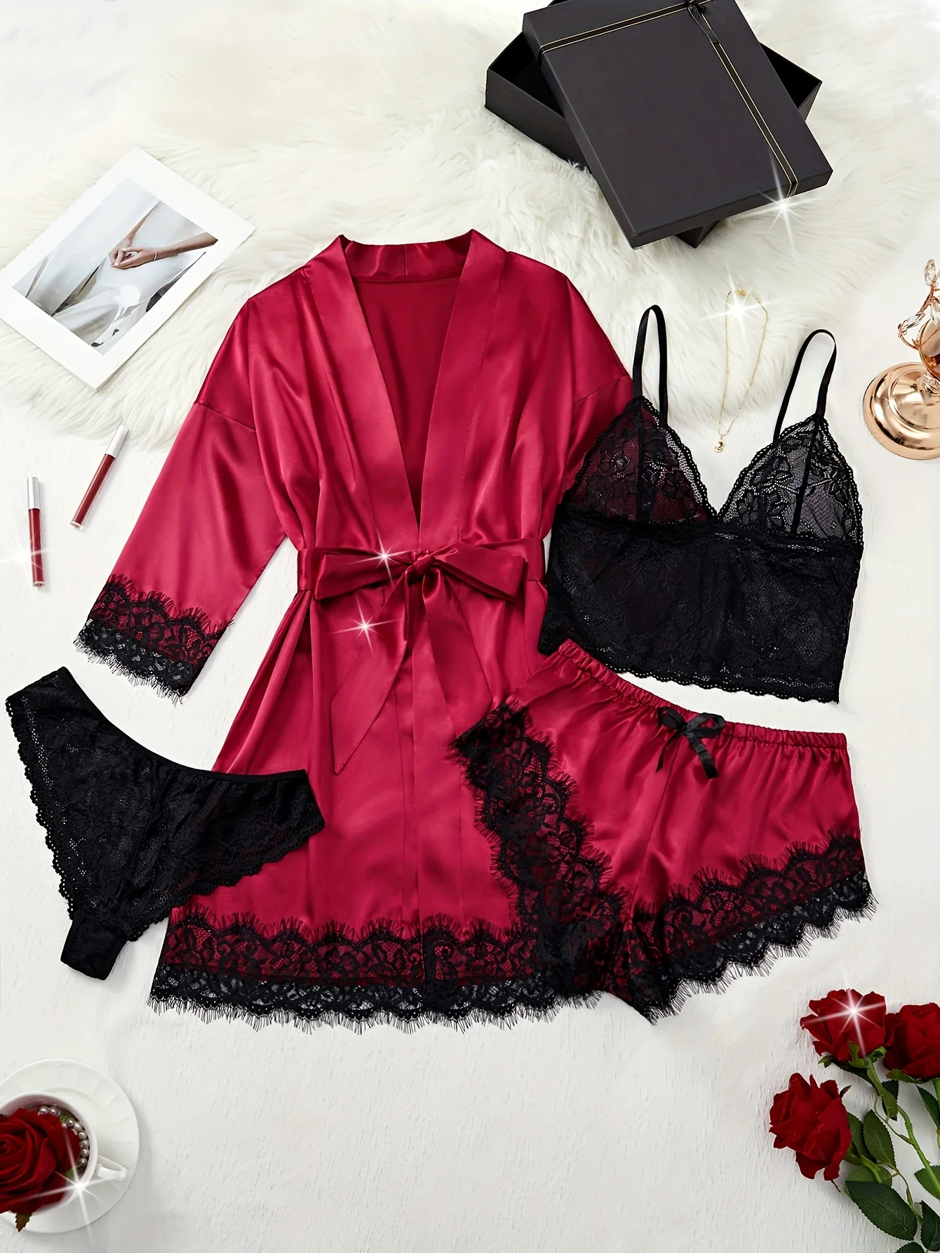 New Fashion Robe Lingerie Set Black Lace Bralette Thong Shorts Women\'s Luxury Sleepwear Nightwear Elegant Sexy Gift Bridal