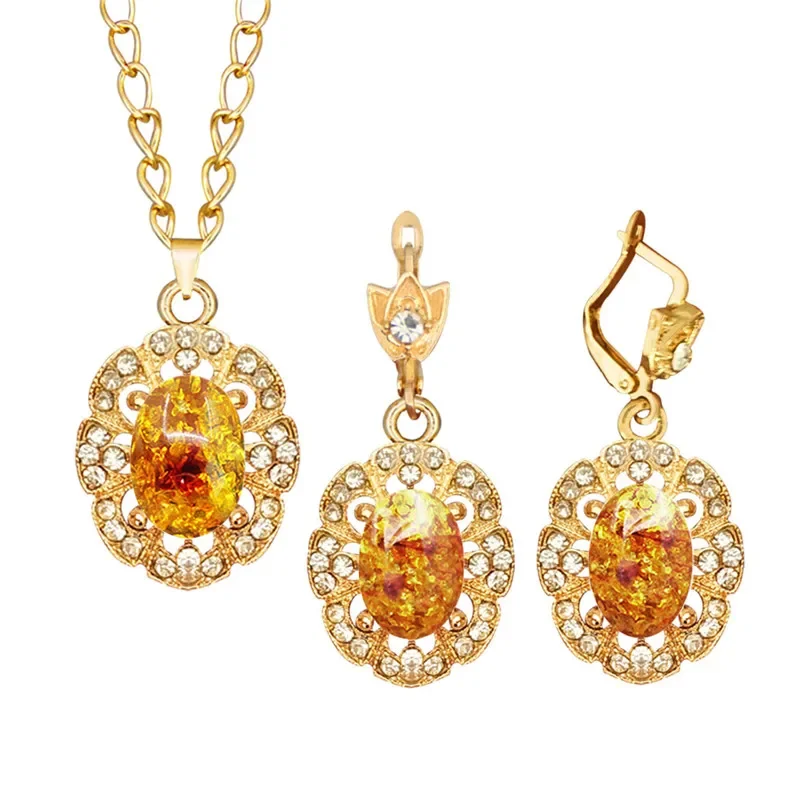 Flower Pendant Simulated Ambers Jewelry Sets For Women Gold Color Crystal Fashion Necklace Earring Jewelry