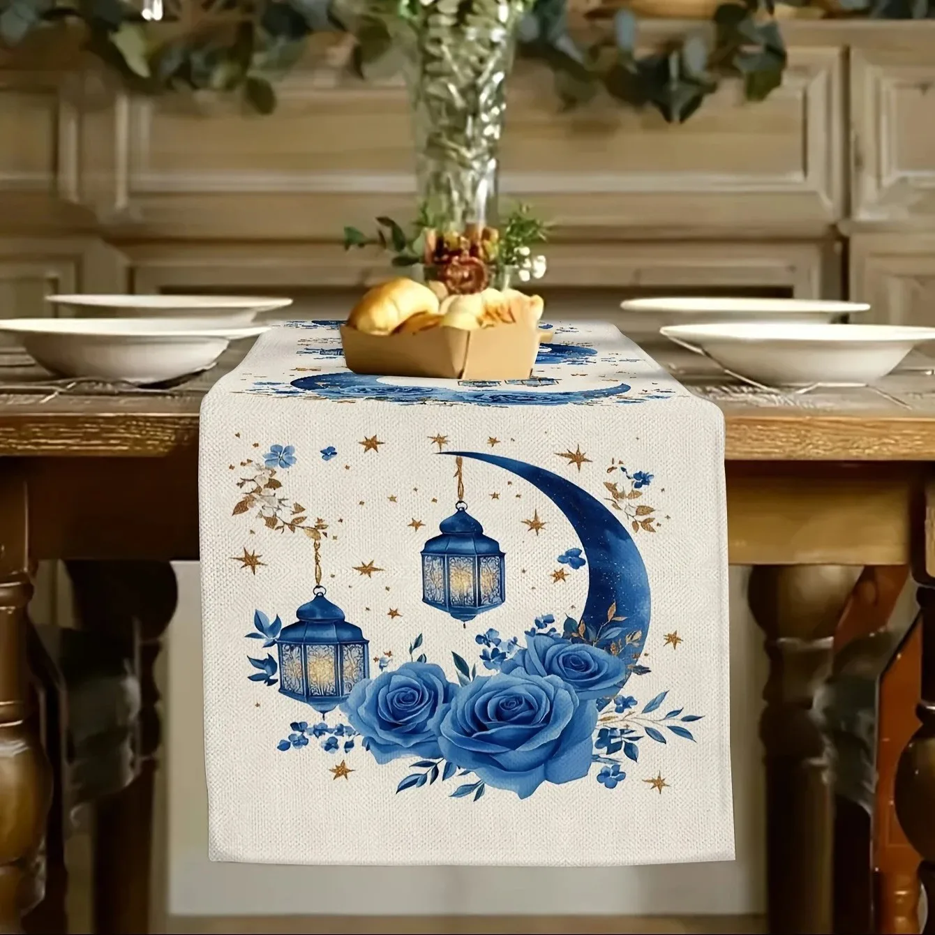 VIKAMA Blue Moon Floral Print, Ramadan Table Runner, Muslim Festivals For Kitchen, Dining Room Home Decor, Dirt-Proof & Washable