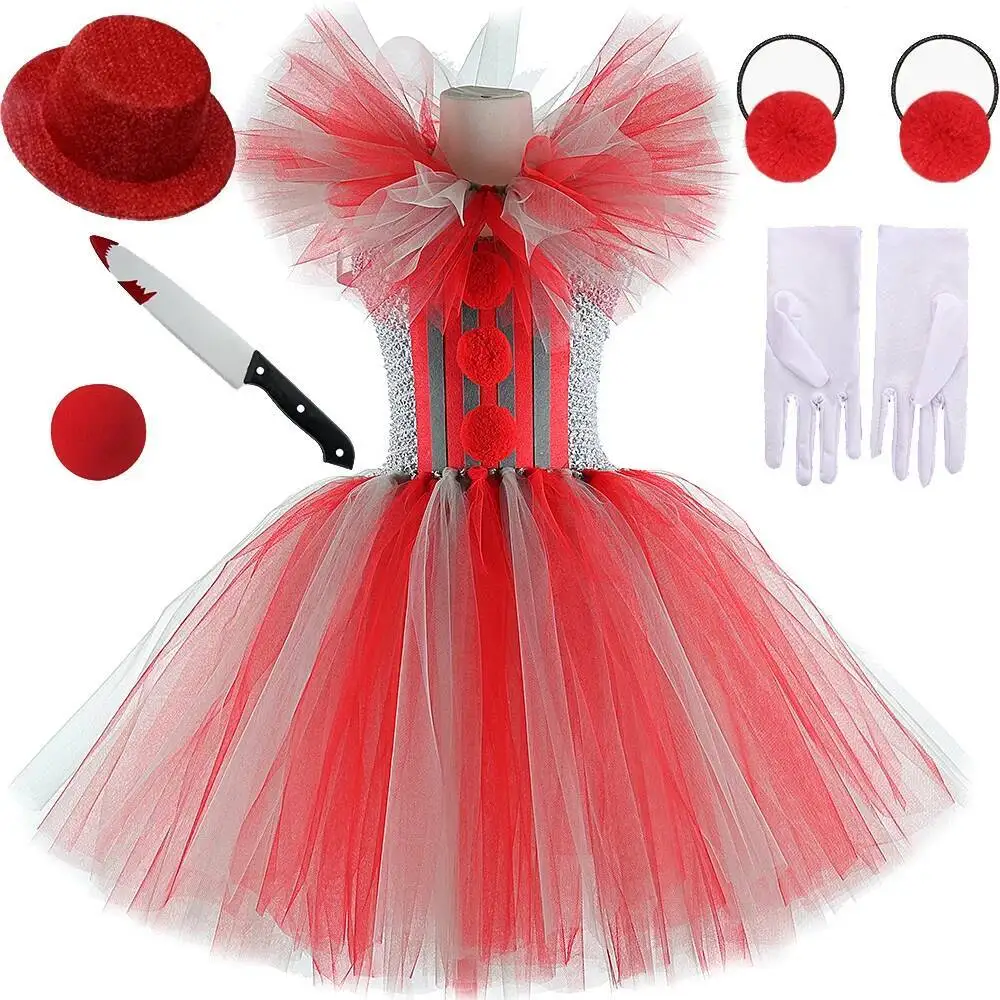

Gray Red Killer Clown Costumes for Girls Scary Halloween Cosplay Dresses for Kids Creepy Carnival Party Outfit Horror Clothes