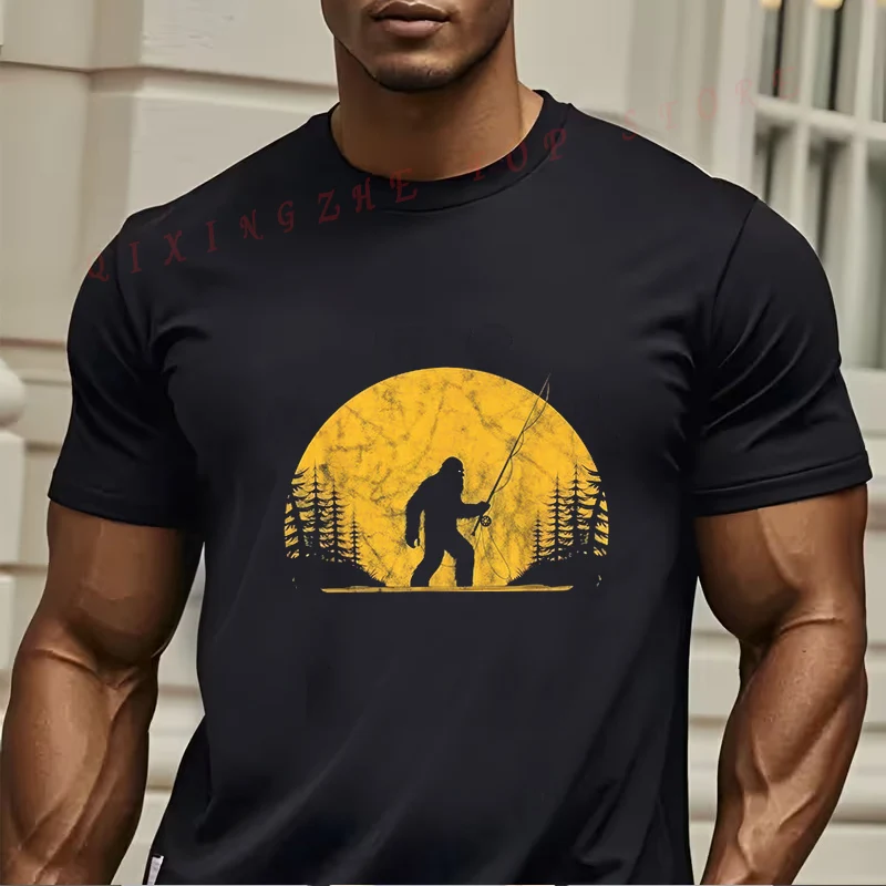 

Винтажная футболка с графическим рисунком «Сасквоч и ловля форели», забавный подарок для мужчин, футболки с короткими рукавами, футболки с круглым вырезом, топы