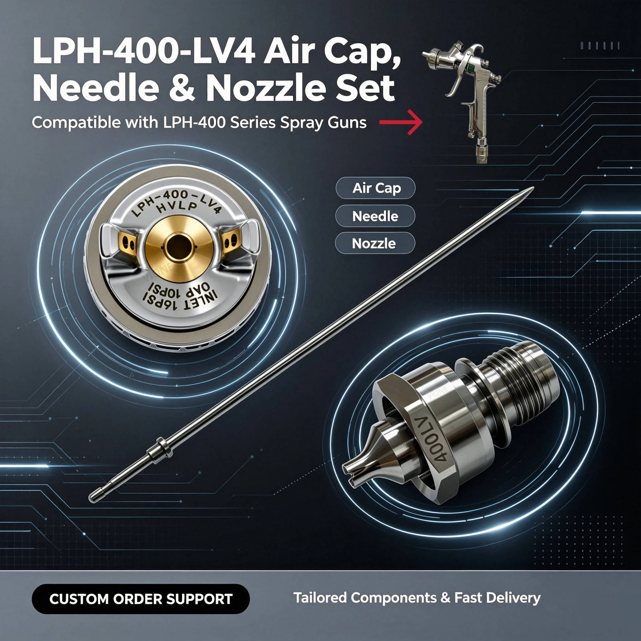 Japan LPH-400-LV4 Air Cap, Needle & Nozzle Set Corrosion and rust resistance Compatible with LPH-400 spray gun