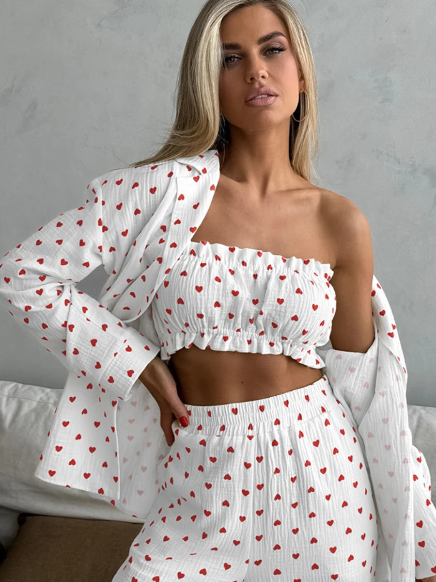 Mozuleva Women Heart Printed Pajamas Suit Ladies Vest + Loose Shirt + Pants 3 Piece Sets 100% Cotton Outfits Pajamas for Women