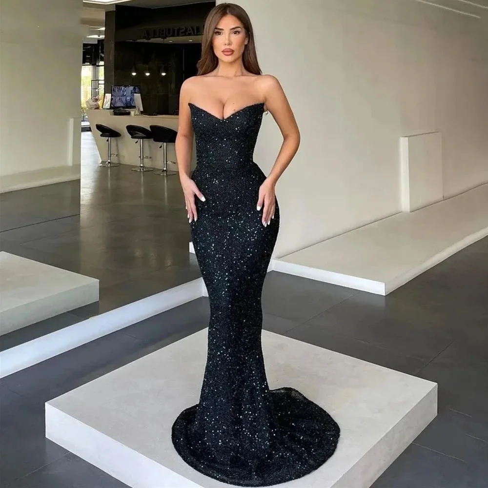 

Sexy Deep Black Evening Dresses Wrap Buttock Slim Fit Design Prom Gown Newest Long Length Sparkling Beaded Inlay Banquet Garment