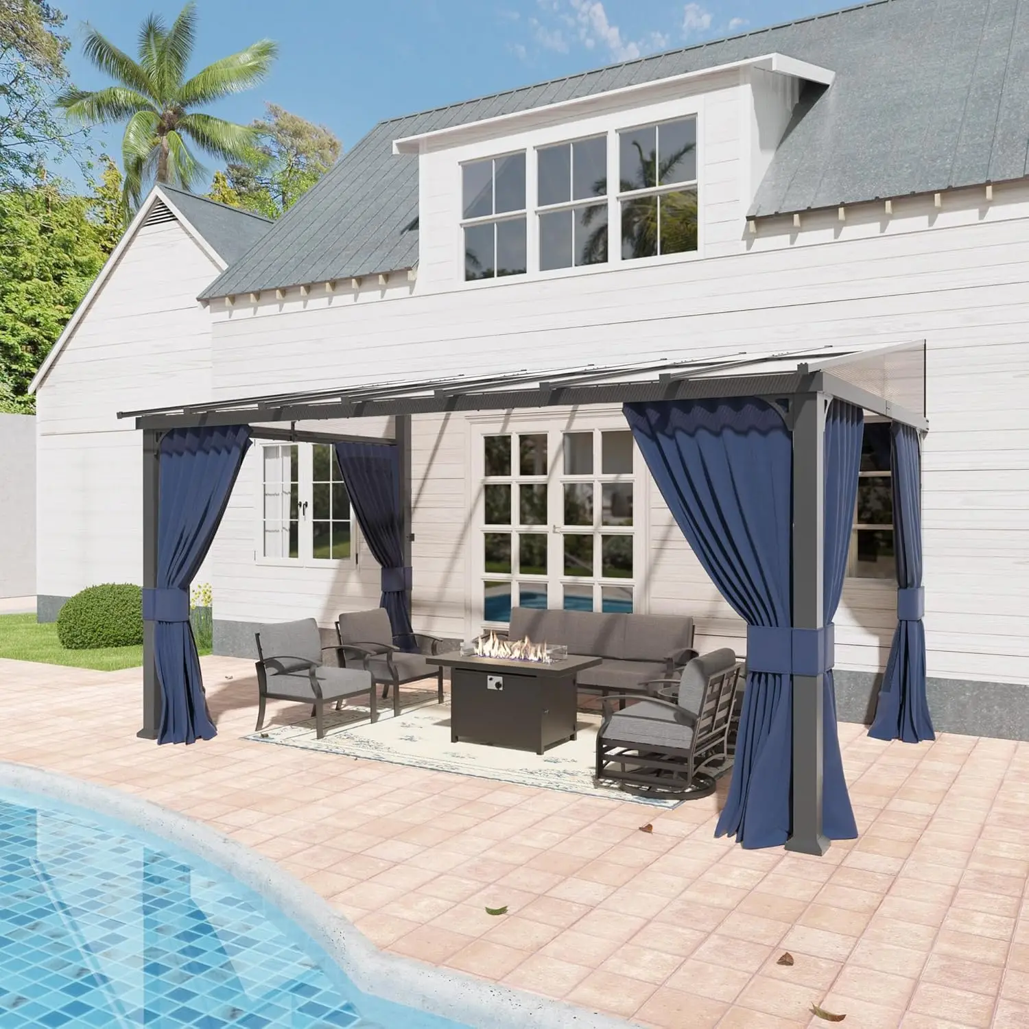 

10x14 Wall Mounted Patio Gazebo Sloping Polycarbonate Roof Aluminum Frame Netting & Curtain Garden Deck Backyard Custom