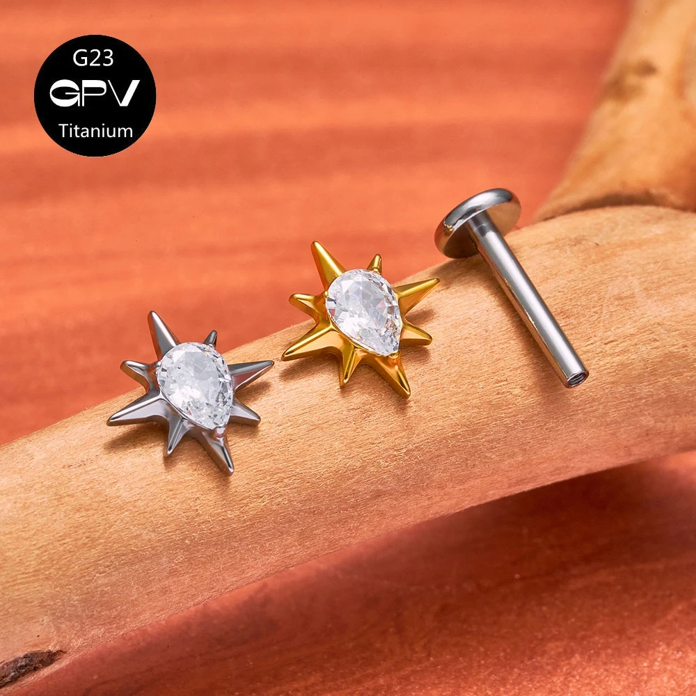 New G23 F136 Titanium Ear Bone Studs, Flower and Leaf Design 18K Gold Fashionable Pierced Jewelry for OL Men and Women - view 3
