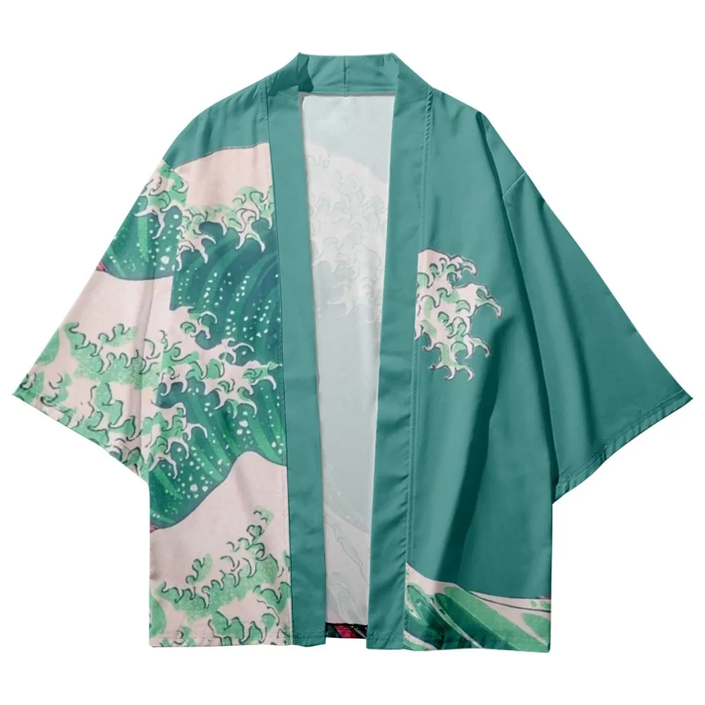 

Cardigan Yukata Shirt Japanese Samurai Green Haori 2022 Waves Print Traditional Kimono Men Women Cosplay Plus Size