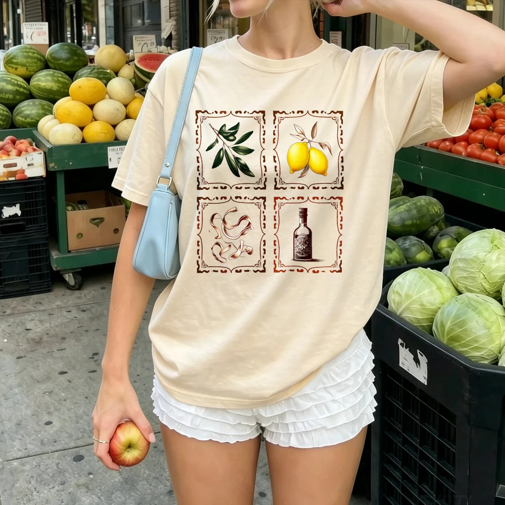 Women Cotton T Shirt Vintage Four Grid Frame Olive Branch Lemon Pasta Wine Bottle Mediterranean Italy Food Print Casual Summer