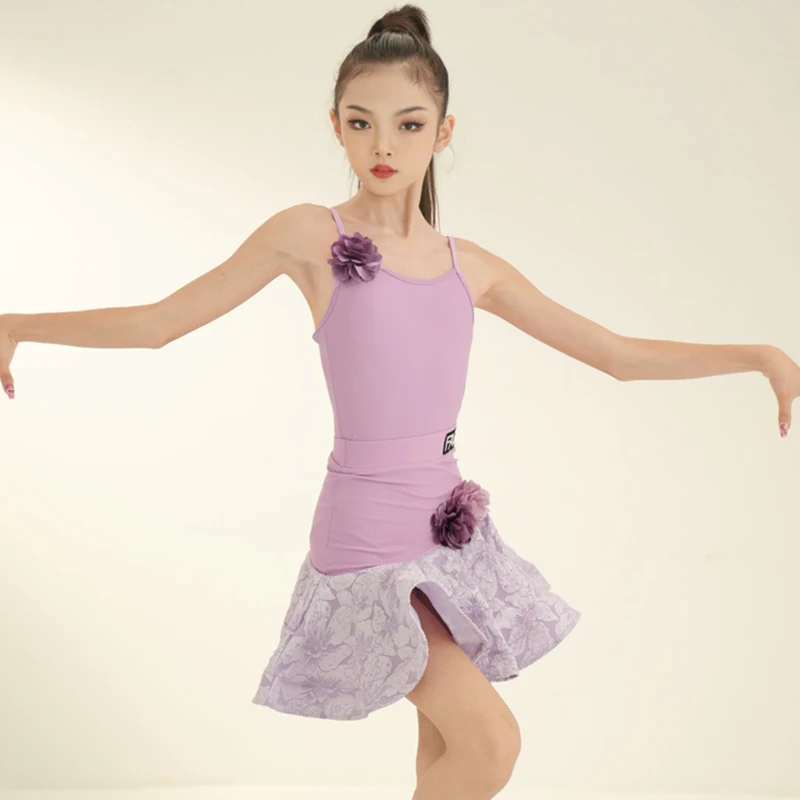 2024 Latin Dance Wear Girls Purple Sling Tops Rumba Samba Dance Split Set Suit Tango Stage Costume Ballroom Dance Clothes VBH743