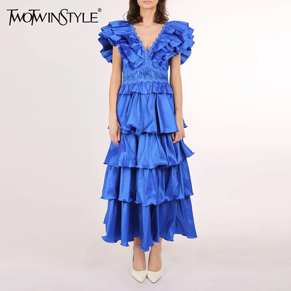 

TWOTWINSTYLE Solid Slimming Fashion Dresses for Women V Neck Sleeveless Patchwork Ruffles Folds Elegant Dress Female Clothing