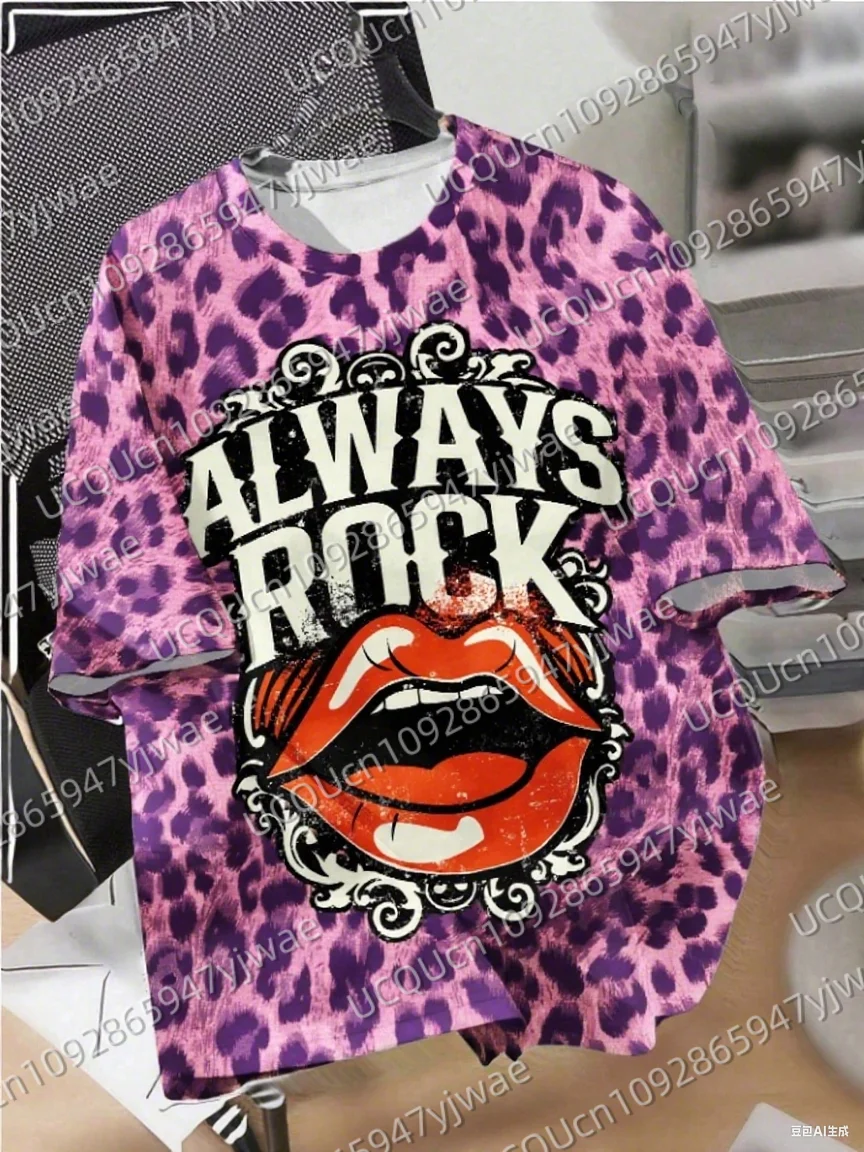 Zomer Modieus Luipaardprint Always Rock Lip Dames Basic T-shirt Korte mouw Heren T-shirt Tops Tee