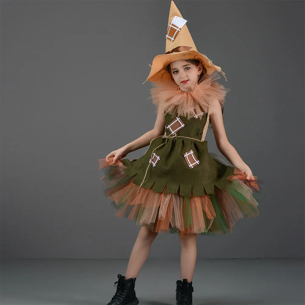 Scarecrow Cosplay Kids Tutu Dress Hat Costume Movie The Wonderful Wizard Outfits Little Girls Dance Clothing Halloween Suits