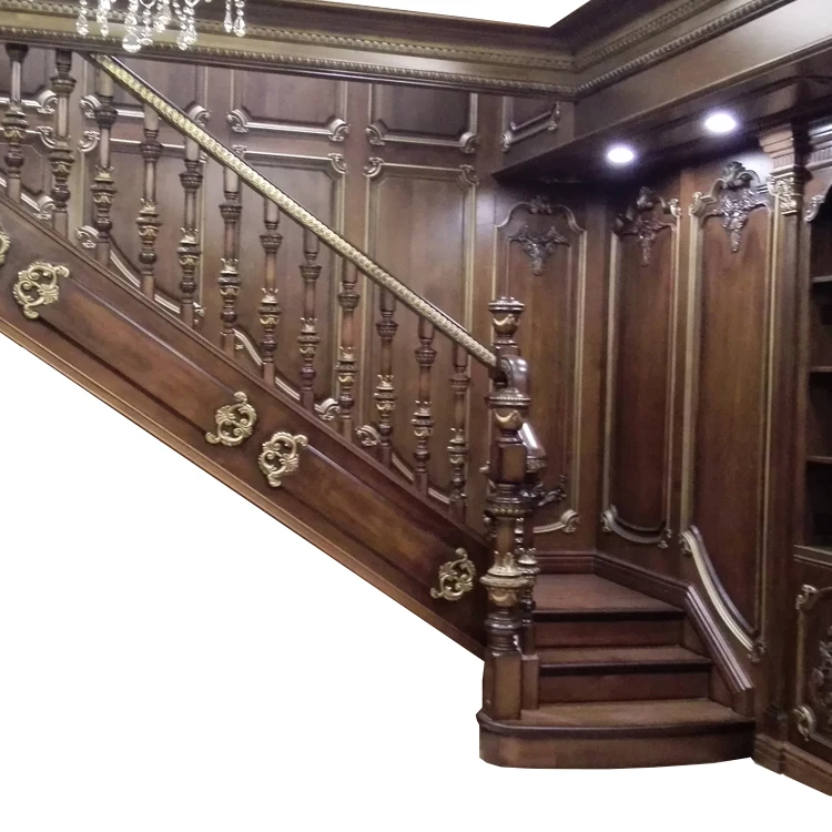 Attic Interior Luxury Classical Solid Wood Stairs Railings Design Indoor Villa Marble Stone Staircase Indoor Staircase Design