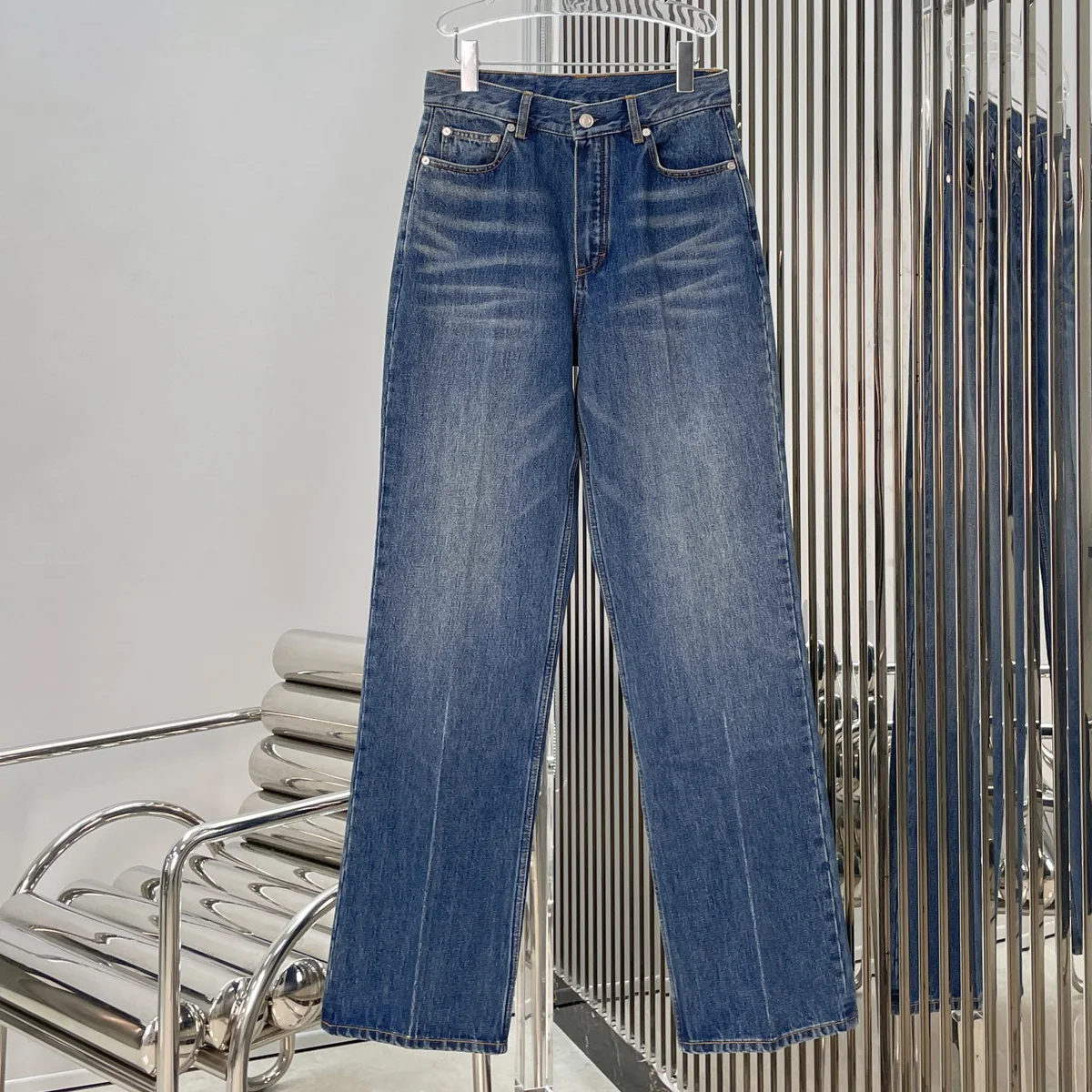 High Quality Women High Waist Straight Jeans Vintage Cat Whisker Washed Wide Leg Denim Pants lyt132744