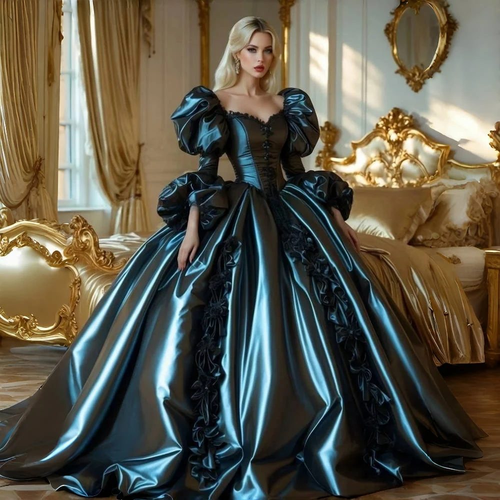 فستان حفلة موسيقية للأميرة الفيكتورية العتيقة بأكمام منتفخة ورباط علوي فستان سهرة مخصص زي تنكري أسود