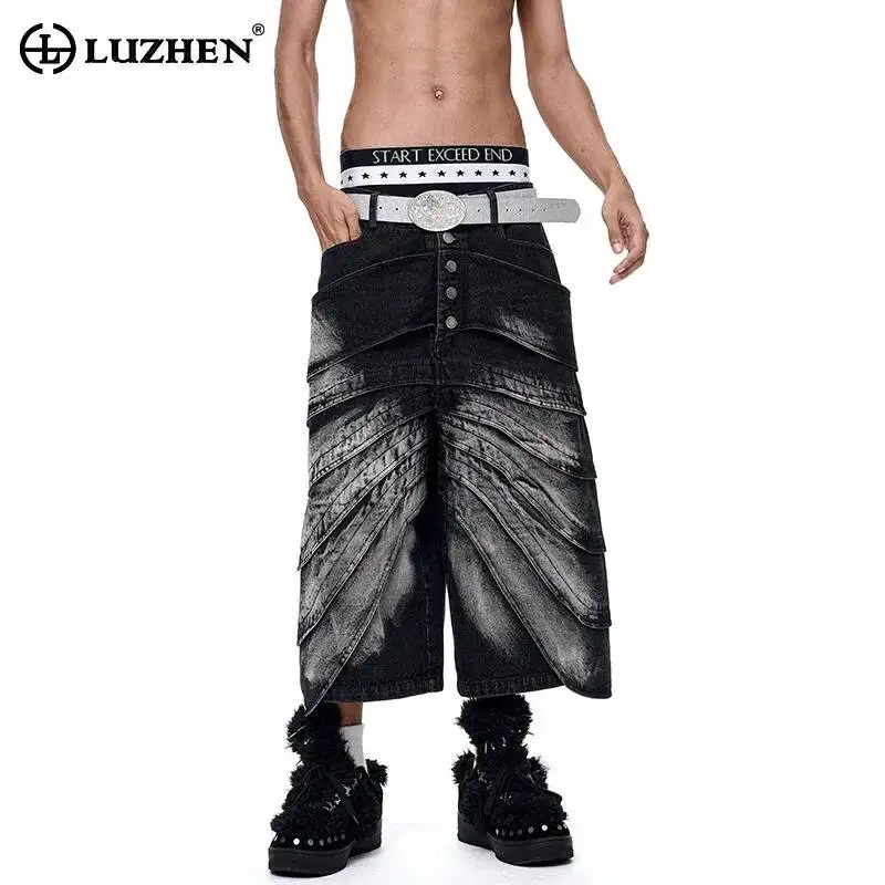 

LUZHEN 2026 Summer Personalized Tie-dyed Vintage Style Denim Cropped Trousers Men Fashion Handsome Street Straight Jeans JY6586