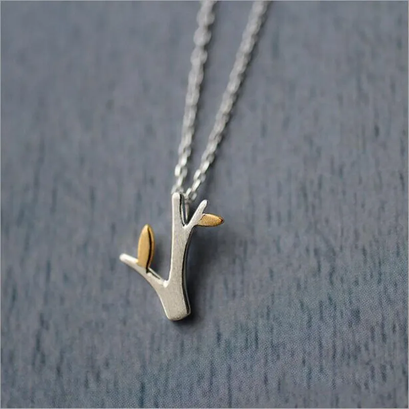 Handmade 925 Sterling Silver Fine anniversary Jewelry Necklace Tree Branches Gold Leaf Choker Statement Necklaces Stamped  XL048