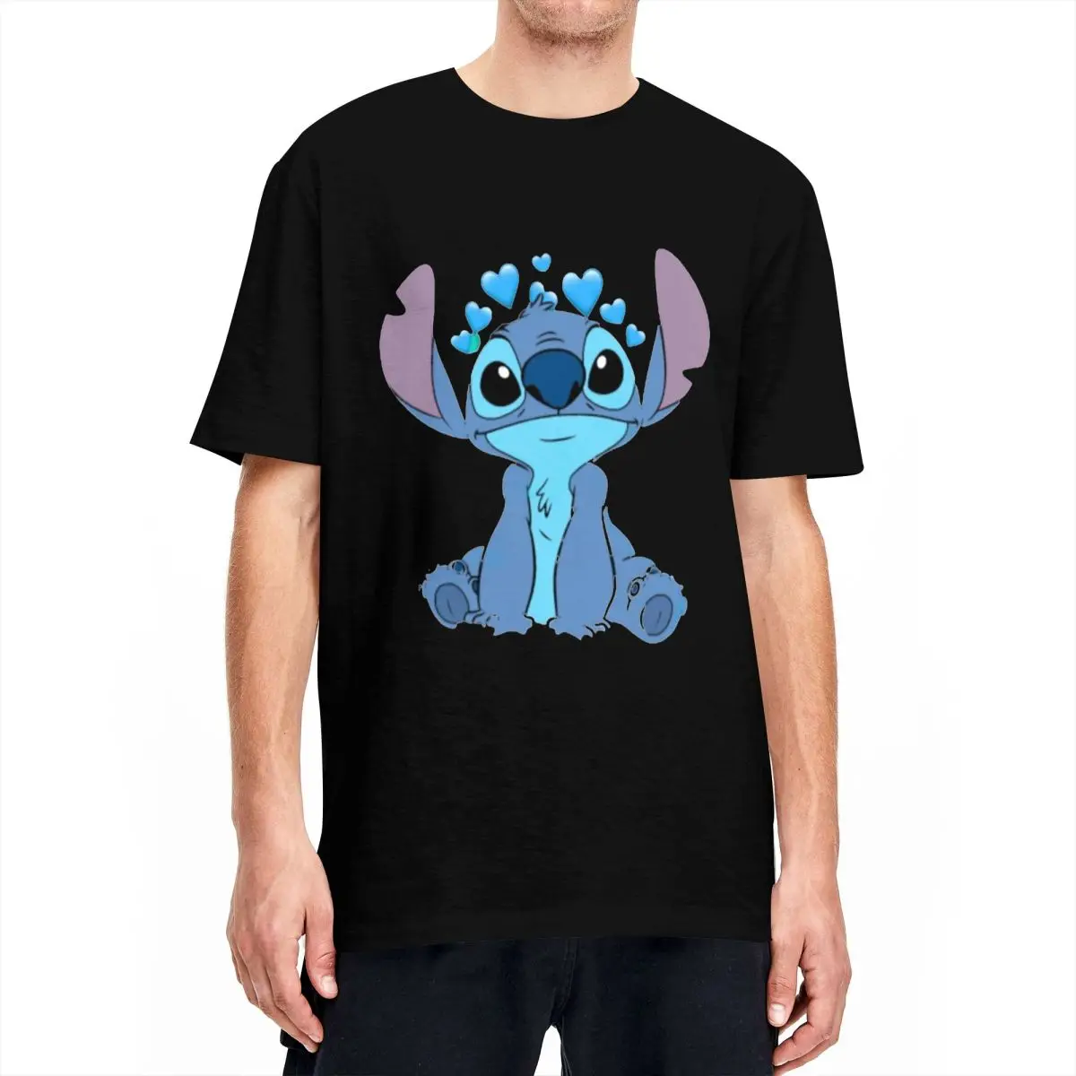 

Kawaii Stitch Blue Heart T Shirt Man Cute Cartoon Vintage Cotton T-Shirts Summer O Neck Fashion Tee Shirt Oversized Clothing