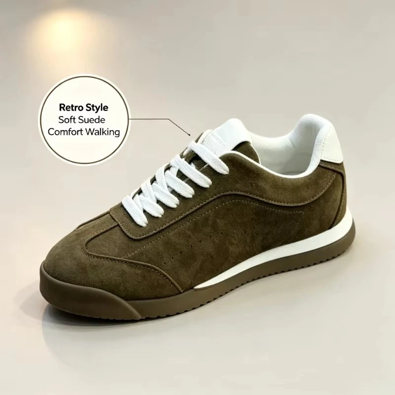 Men's Suede Casual Sneakers Lace-up Flat Non-slip Rubber Sole Comfort Breathable Retro Daily Walking Footwear for Adult Male