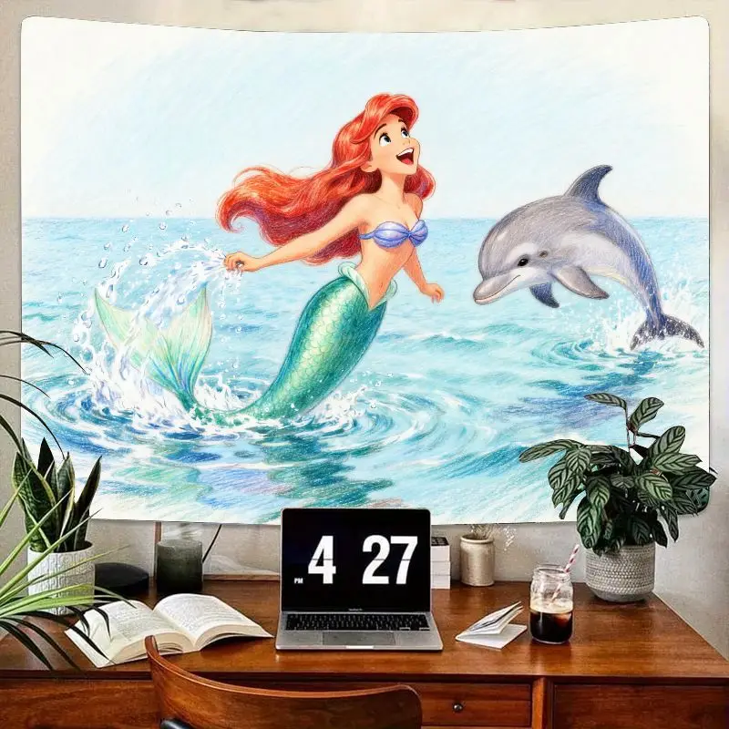 

1 шт., милый фэнтезийный гобелен с русалкой и игривым дельфином, гобелен с синим океаном, настенное искусство, декор для детской комнаты, современный полиэстер, настенный подарок для G