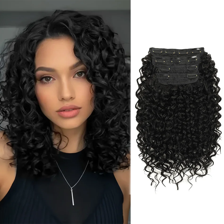

Synthetic 14inch Clip-in Short Wave Curly Hair Extension Fluffy Fiber Hair 4Pcs Black Kinky Curly Hairpiece for Women