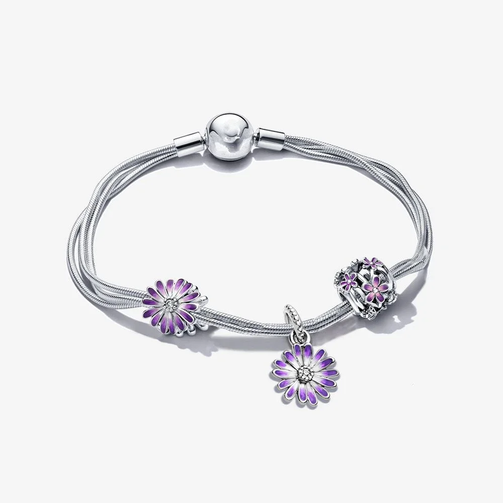 Abalorio compatible con pulsera Pandora Original serie púrpura, joyería de plata de ley 925, flor, corazón redondo, colgante, regalo DIY para mujer