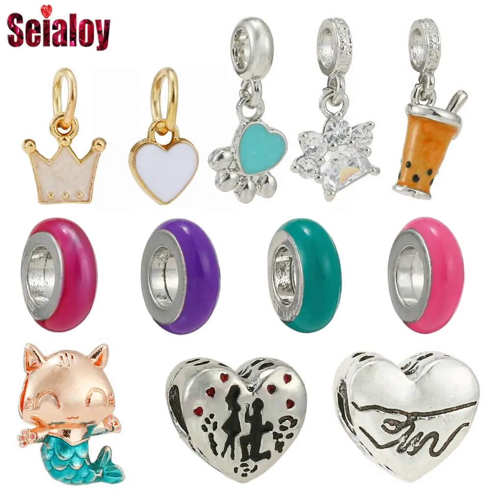 Seialoy 2Pcs/lot Silver Color Heart Beads Cat Paw Charm Crown Pendant Fit DIY Bracelet Jewelry's Accessories