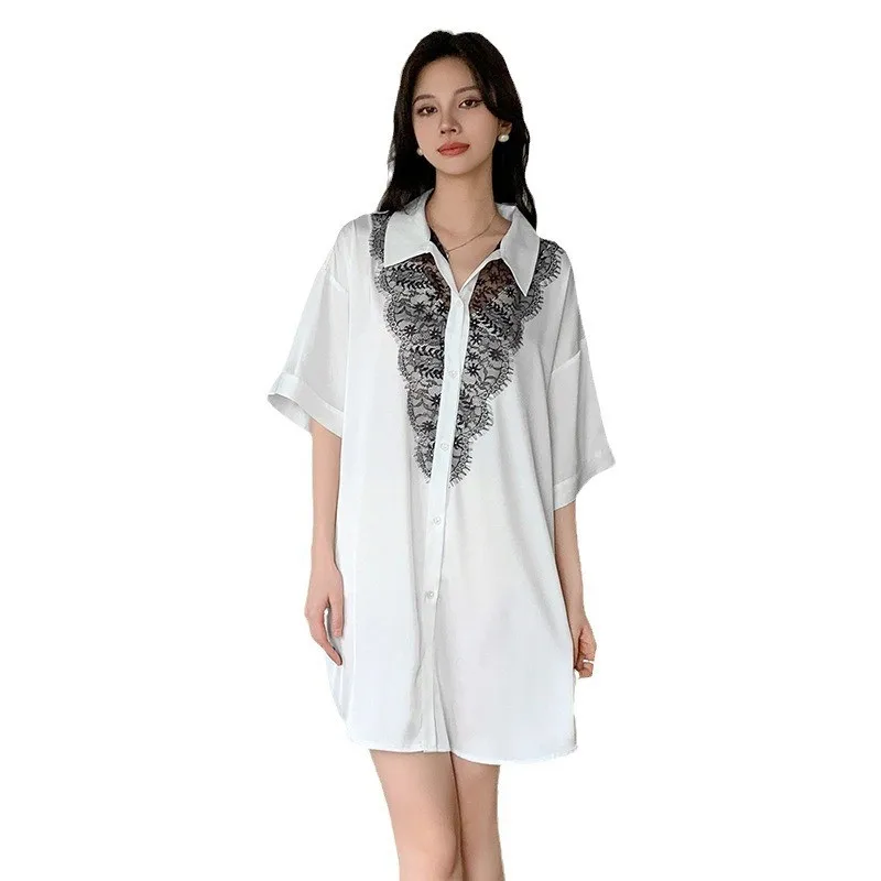 Sexy Boyfriend Cardigan Night Dress Back Butterfly Lace Sleepshirt Nightgown Satin Lingerie Loose Female Homewear Lounge Wear