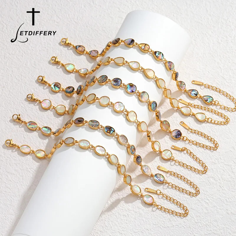 Letdiffery Fashion Colorful Abalone Shell Oval Heart Chain Bracelet for Women Stainless Steel Waterproof Bracelet Jewelry Gifts