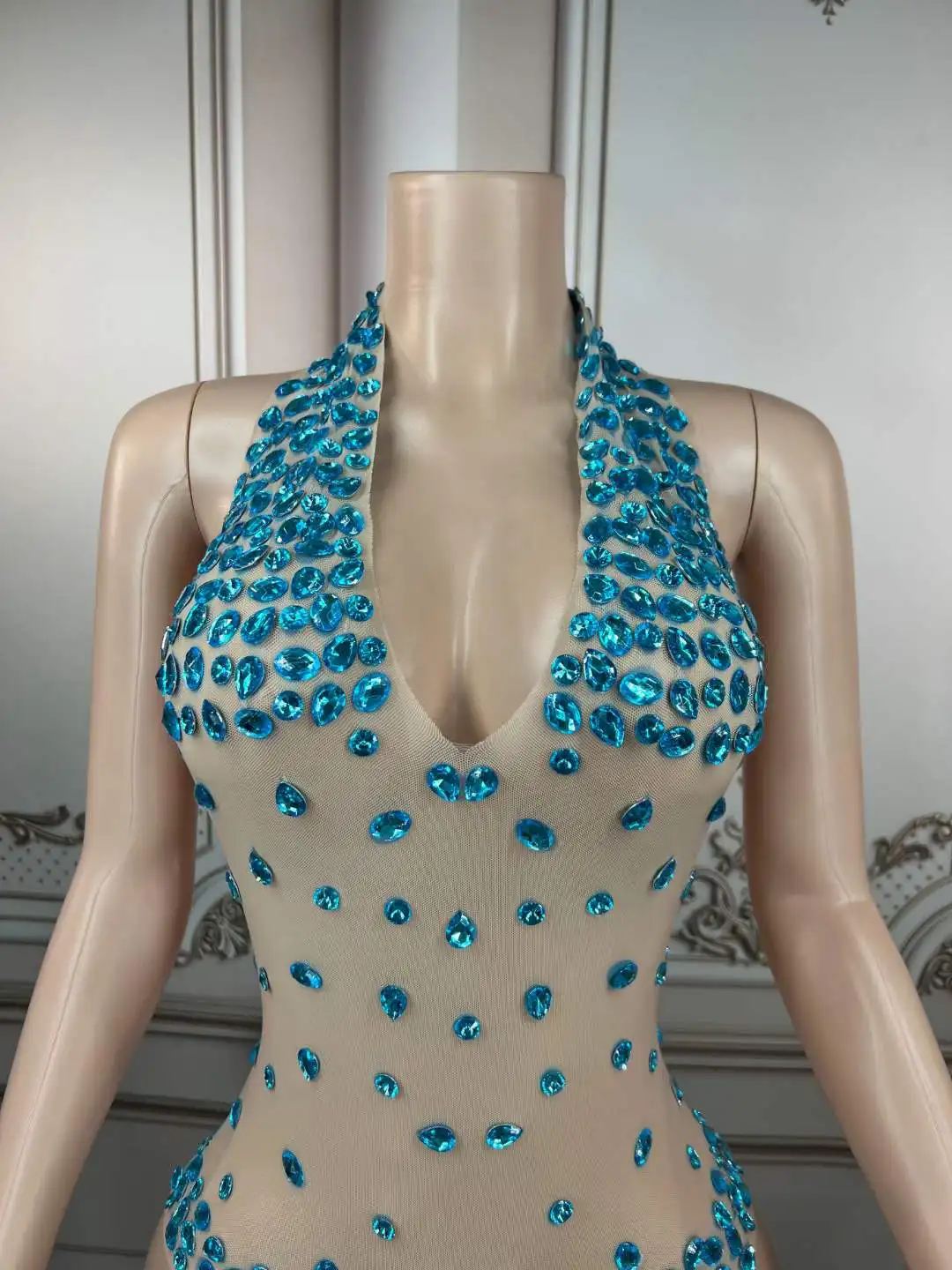 Nouveau brillant strass maille transparente danse body tenue anniversaire célébrer Costume bal fête danseur spectacle Sexy body